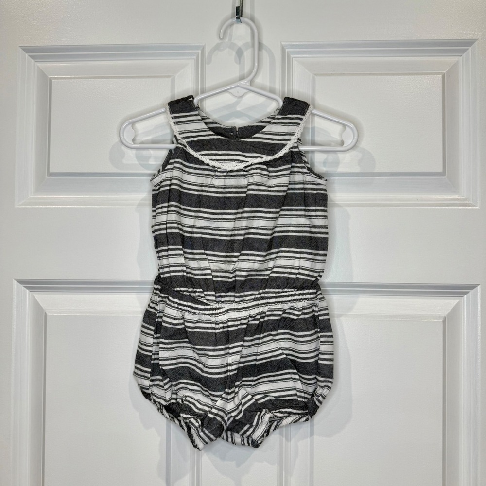 Old Navy Size 12-18 Months Striped Romper Jumpsuit Crochet Trim Button Back